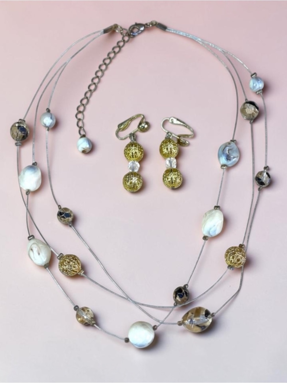 Elegant Gold and Silver Beaded Necklace and Clip On Earring Set